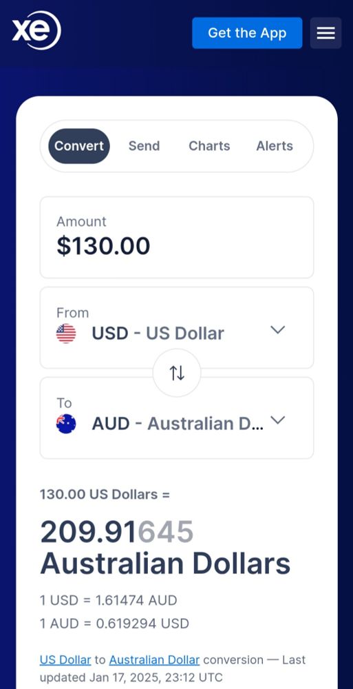 Screen shot of xe dot com conversation of US dollars to Australian dollars. 