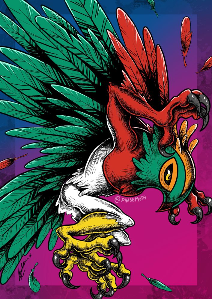 A digital illustration of the Pokemon Hawlucha in my style. He is jumping towards the right of the screen, and the background is a mix of bright pink and purple. 