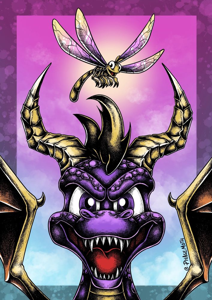A digital illustration of Spyro the Dragon and his buddy Sparx from the video game “Spyro the Dragon”. Spyro can be seen from the bust up and is facing the viewer, with Sparx flying above him. 