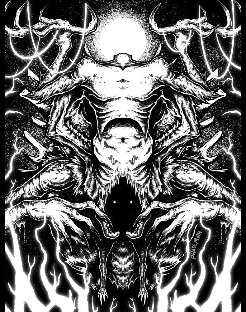 A digital monochrome illustration drawn by myself inspired by the creature “Moder” from the film “The Ritual”. She is facing the viewer menacingly with her arms held up.