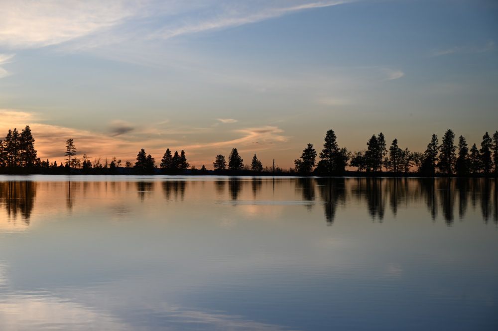 Description: The day was fading, painting the sky above Morgan Lake with soft strokes of grey and a whisper of peach near the horizon.  The sun had already slipped away, leaving behind the lingering glow of twilight. A thin, wispy cloud, high above, caught the last, faint light, adding a delicate touch to the vastness.  Below, the lake stretched out, a mirror of polished obsidian reflecting the tranquil scene. Not a ripple disturbed its surface, allowing the silhouette of the forest to be perfectly doubled in its depths.
The trees stood like sentinels, a dark, intricate line against the pastel sky.  They were evergreens, their shapes hinting at a dense and silent wood.  Each tree, from the tallest pine to the smallest sapling, was etched sharply against the fading light, their branches reaching out like delicate fingers. A few, taller and more slender than the rest, pierced the sky, adding a touch of individuality to the dark tapestry.
Everything was still, quiet.  The air itself seemed to hold its breath, waiting for the final curtain of night to fall. The only sound, if there was one, would have been the gentle lapping of water against the unseen shore. The scene was a study in tranquility, a moment of perfect peace captured in the heart of the forest. The muted colors, the stillness of the water, the mirrored symmetry of the trees – all combined to create an atmosphere of quiet contemplation. It was a place to pause, to breathe, to simply be, enveloped by the serene beauty of a forest sunset over Morgan Lake, NE Oregon. Managed by the city of La Grande.
