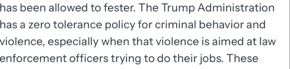 Trump declaring a zero tolerance for violence directed at law enforcement, despite him pardoning thousands who attacked police on January 6.
