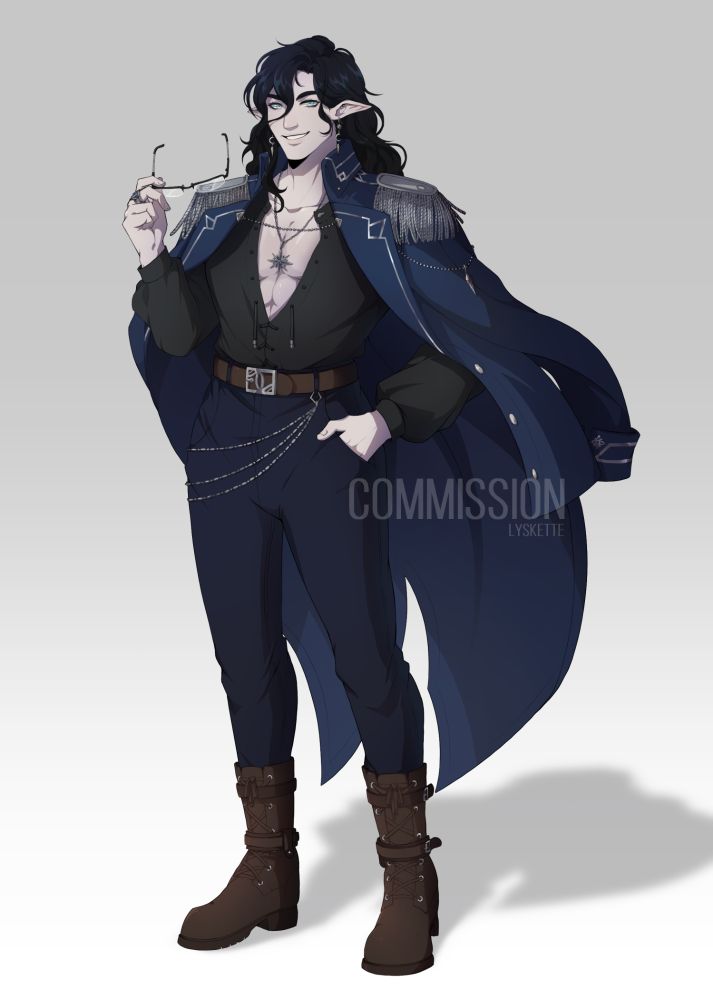 Varus Vylander, a half Elf/Goliath fighter, wearing a detailed cloak over his casual wear. A pair of glasses in one hand, while his other hand is tucked away in his pocket.