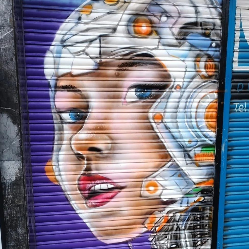 ce streetart représente le visage d'une femme, mi humaine, mi androide, tournée de 3/4 elle nous fixe avec de grands yeux bleus. Elle n'a que le visage d'humain. Il est encadré d'un casque futuriste et son cou semble aussi mécanique. 