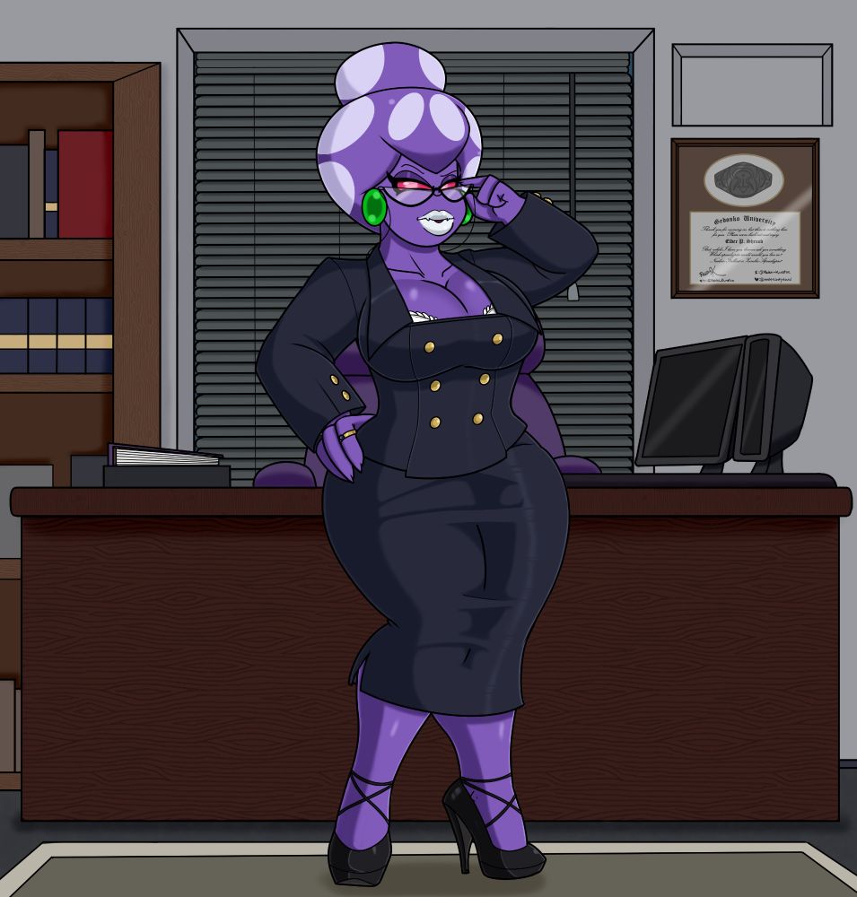 Elder Shroob, in her office attire, acting as Dean of the academy, President Shroob. 