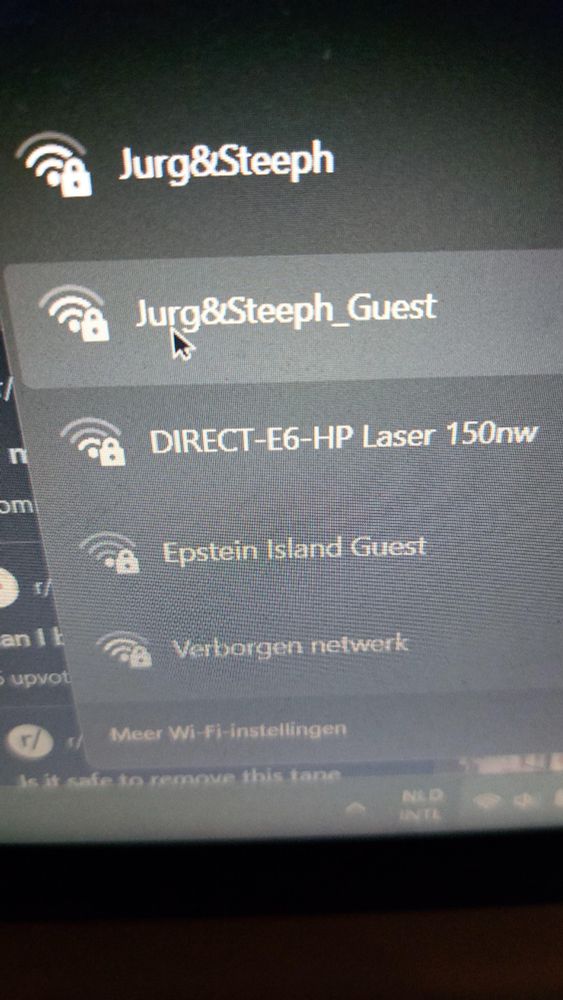 a list of wifi routers near my area, one of which being "Epstein island guest"