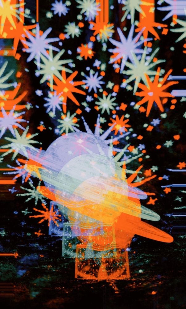 Colorful photo of a saturn shaped object with my starry blanket in the background. There is a triple filter effect.