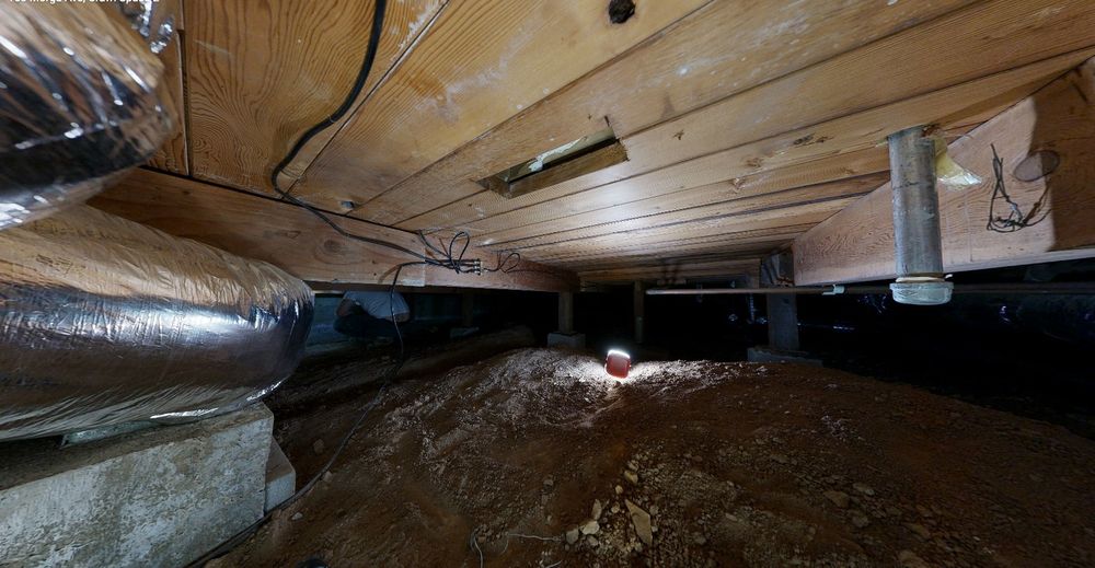 Crawlspace image with capped gas and unfilled (old register) holes in floor sheathing. 