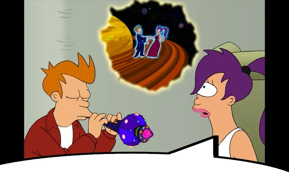 Leila listening to Fry, who has worms in his brain, play the holophonor. 