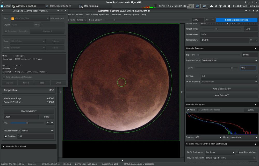Astrophotography software capturing total lunar eclipse.