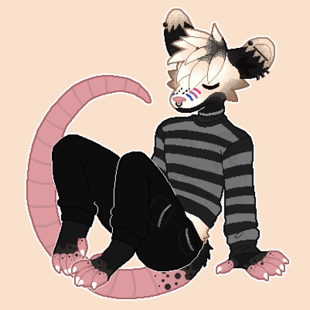 Pixel art full-body drawing of an opossum anthro character, sitting and leaning back with hands on the ground supporting her. She has her eyes closed and looks very relaxed.