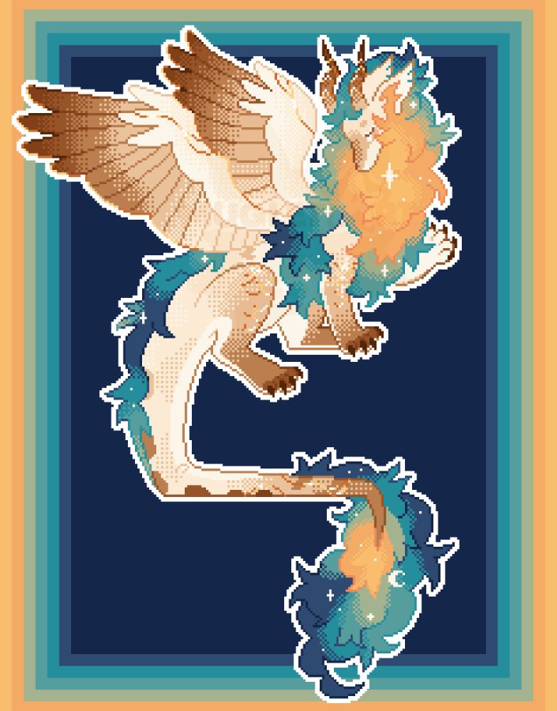 Pixel art drawing of a fluffy feathered dragon. The dragon is sitting delicately with her wings up and her tail slumped down below her. Her head is turned back and looking down with her eyes closed.
She has lots of fluffy fur around her neck and down the back of the tail, with a huge puff of fur on the end of the tail. She is primarily white and tan with the fur being blue, teal, and yellow.