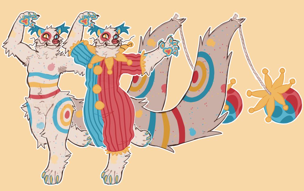 Sketch full-body drawing of a binturong anthro that is themed like a clown. There is 2 drawings with one of them drawn over top of the other, one drawing is without clothes, and the other is with clothes.
The design is primarily cream white with yellow, blue and pink spots all over it. On the torso and tail are lines of those 3 colours, and on the thigh and tail are circles of those colours. The clothing is a jumpsuit that is half blue and half red with stripes going down it, and yellow accents on the trim and around the neck. The character also has a bit ball on a string tied onto the tail.