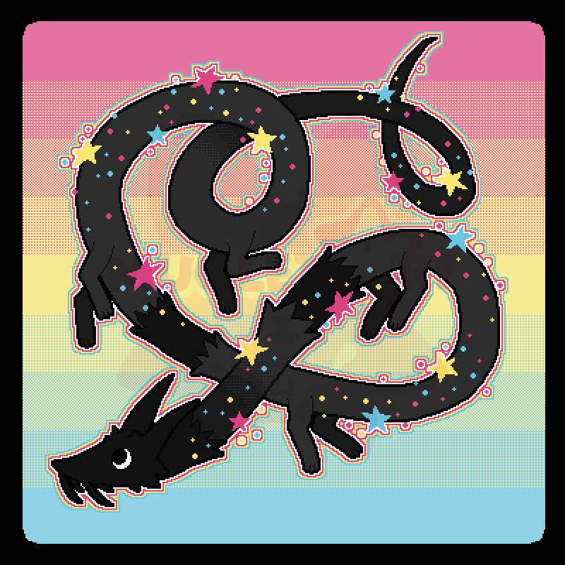 Pixel art drawing of a big long noodle dragon creature, it is black and grey, has 4 sets of legs, and is covered in yellow, pink, and blue sparkles and stars.