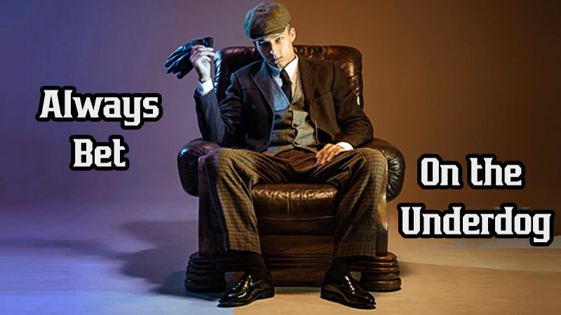 A man in 1920s attire sitting in a leather chair with the words "always bet on the underdog" engulfing him.