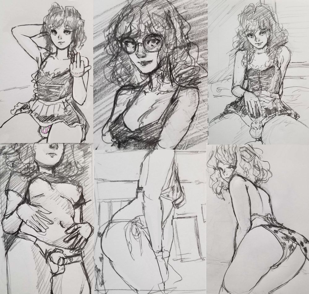 a series of shorter length stylized sketches of betabunni done in pencil. top center is just made referencing their face no direct ref.