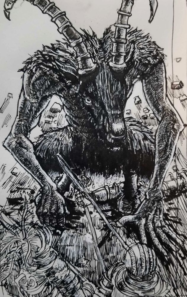 A study of the berserk goat demon from the cave. i didnt focus so much on the soldiers. had some white ink flow issues until i switched to the old white ink i was using. was a fun attempt. it's crazy how much Miura details things, i know this no where near close lol.