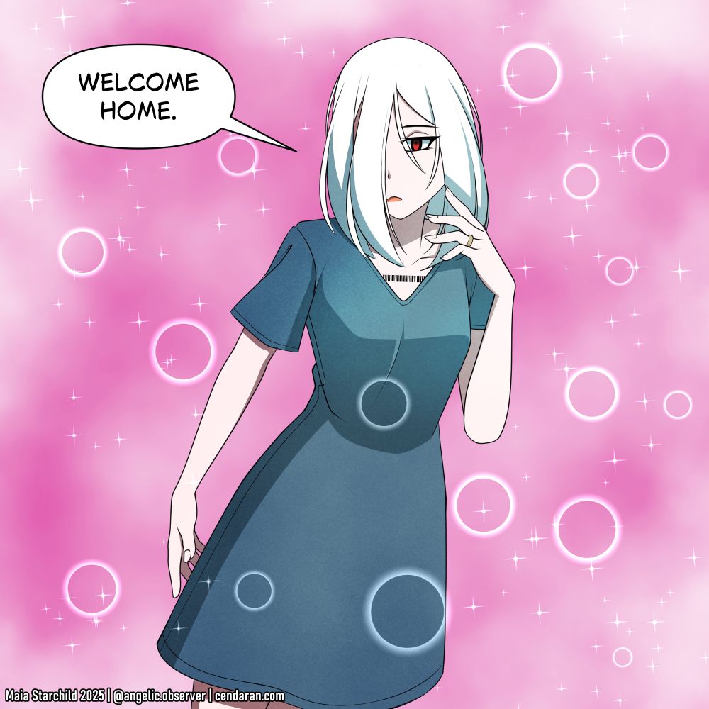 An anime drawing of a woman with messy white hair covering half her face, dull red eyes, and a blank expression. She's wearing a blue dress. She's saying "Welcome Home." 