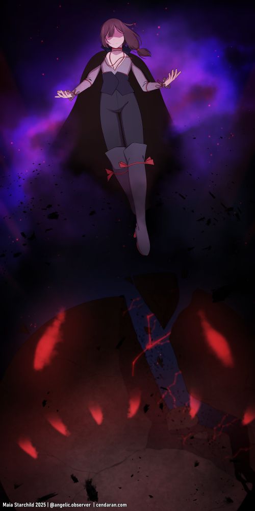 An anime-style drawing of a man with a cloak floating in space above a broken planet, with black smoke descending from his cloak and enveloping the planet. The black smoke has red eyes and teeth, the teeth wrapped around the planet as if pulling it into its mouth. 