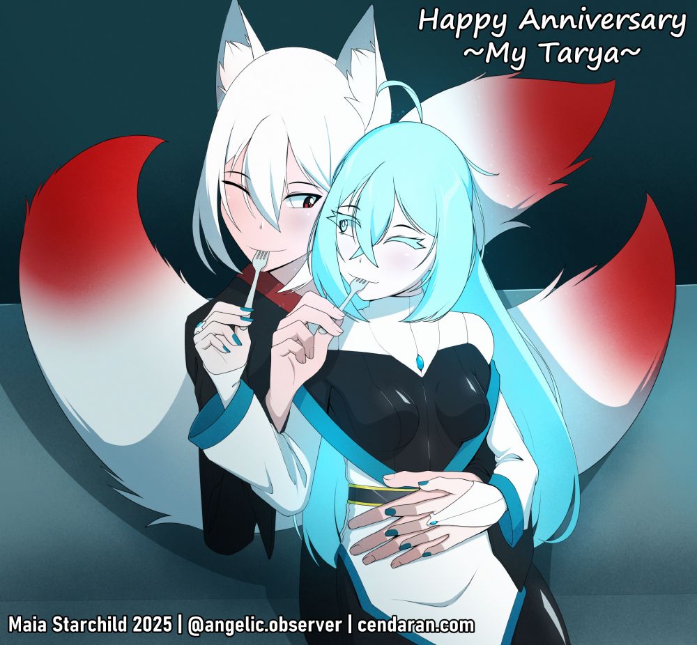 An anime style drawing of a woman sitting in a fox-person's lap. They're feeding each other some kind of dessert with forks, and smiling at each other. 