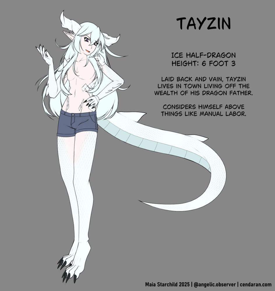 An anime-style drawing of a tall, slender dragon man with long, silver hair and white scales on his tail, arms, and legs. His feet are draconic looking, and he has dark claws on his fingers and toes. He looks arrogant. 

Text: 
Tayzin. Ice half-dragon. Height: 6 foot 3. Laid back and vain, Tayzin lives in town living off the wealth of his dragon father. Considers himself above things like manual labor." 