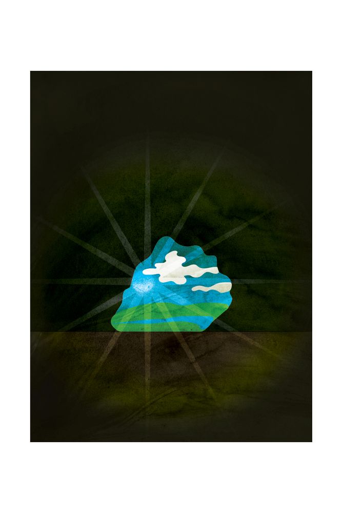 Poster of black image with a cave opening in the center. Outside cave opening is blue and green earth with white clouds and a faint sun with rays that are coming into the cave.