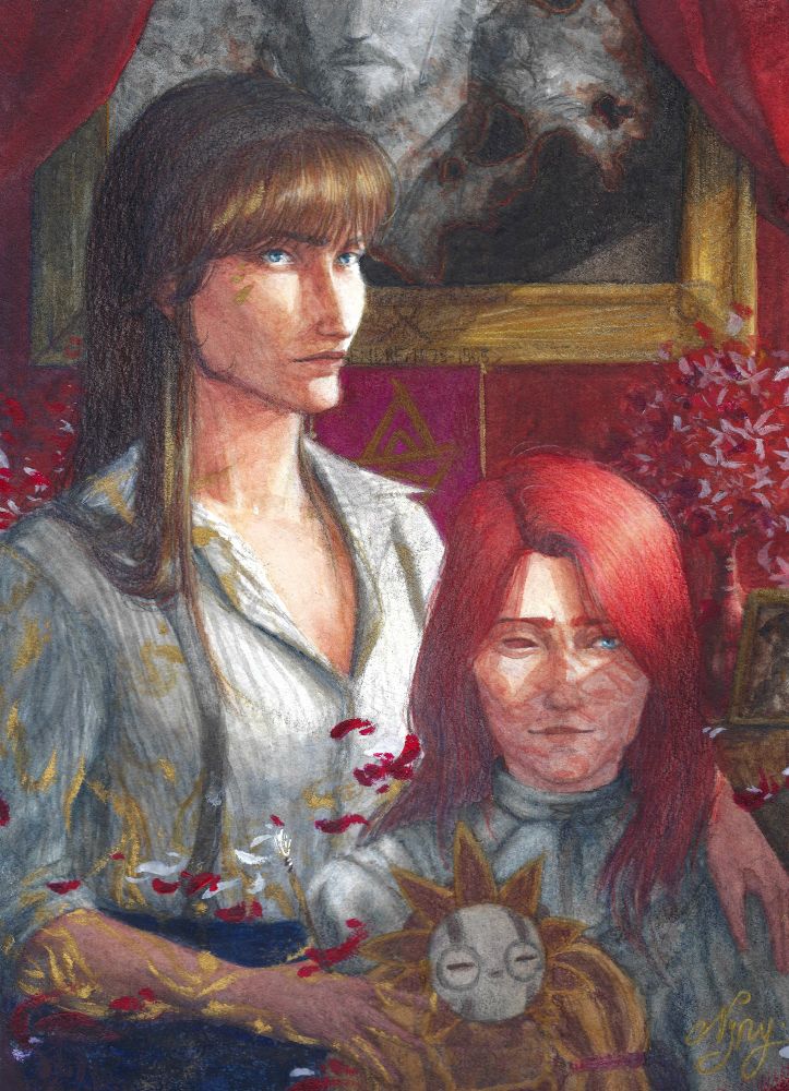 watercolor of Clea and Alicia standing in front of a black and white painting of Verso

Clea is looking towards us while her face is turned to the right (3/4). She's holding a brush in her right hand resting on Alicia's right arm and the Esquie plushie, her left hand is resting on Alicia's left shoulder. Golden spots of paint are spread all over the right part of her body.

Alicia is looking to the right while her face is facing us (front face). She's holding a plushie of Esquie, her expression is quite melancholic and she smile softly.

White and red petals and flying around them. In the background, a bouquet of white and red irises is placed on a dresser and a small portrait of a dog strangely looking like Monoco (the real one) stands in front of it. The painting is bruning in a golden frame on which is written "SENDRE, 1879-1905" / "[V.DES]SENDRE, 1879-1905", a purple scarf with golden symbols, reminiscent of Esquie, is attached to it below.