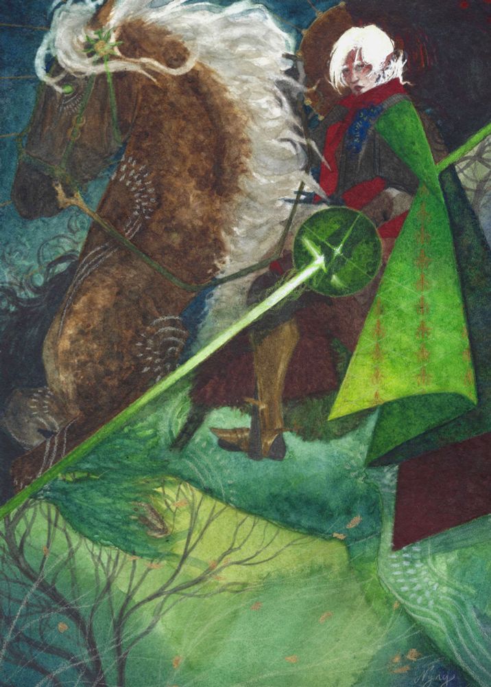 watercolor of Irisa Lavellan (Inquisitor oc from Dragon Age Inquisirion) riding a rearing horse 
the piece is divided in 2 pieces :
- the upper one : shows the head and upper body of the horse (bay and gold) with white hairs and some dalish markings ; Lavellan is on the right, wearing a concept art armor from the DAI concept art book, a three-eyed dark wolf surrounding them
The character holds a green knight-enchanter's sword cutting the painting in two
- the lower part : shows the lower body of the horse, the colors are from the female dalish tarot card (DAI)