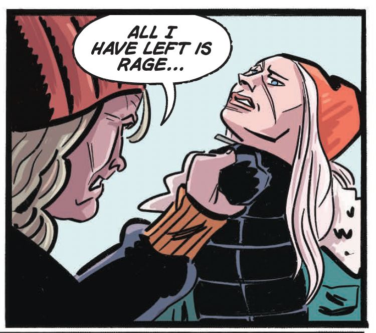 A panel from GOLDEN RAGE: MOTHER KNOWS BEST comic issue 5. An older woman has another woman by the throat, and is telling her: "ALL I HAVE LEFT IS RAGE..."