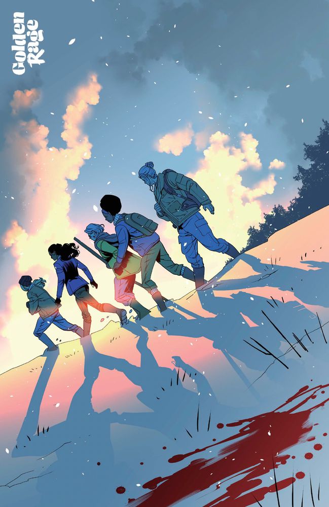 Five women marching through the snow with weapons, an ominous blood stain in the foreground. Beautiful cover art by Rachael Stott for issue 5 of GOLDEN RAGE: MOTHER KNOWS BEST.