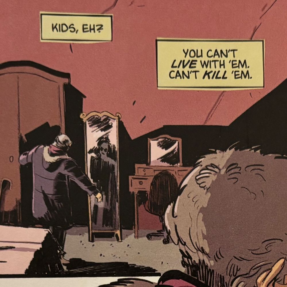 Cropped view of first panel of the issue, showing an old woman (The Witch) looking in a mirror. Text reads “Kids, eh? You can’t live with em, can’t kill em”