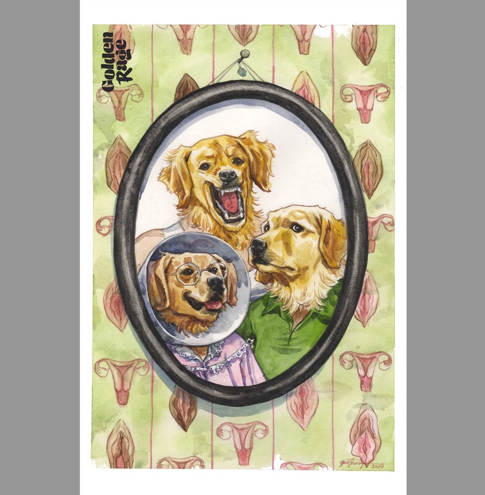 Labrador family portrait on a wallpaper of uteruses and vulvas. 