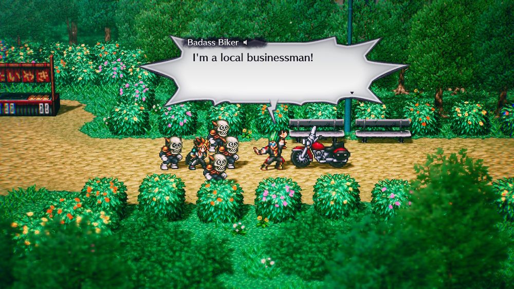 Live A Live's "Near Future" segment. A Badass Biker confronts a skull-headed gang surrounding our hero and shouts, "I'm a local businessman!"