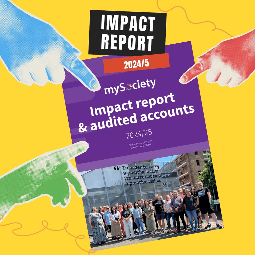 Three coloured hands point at the mySociety impact report.