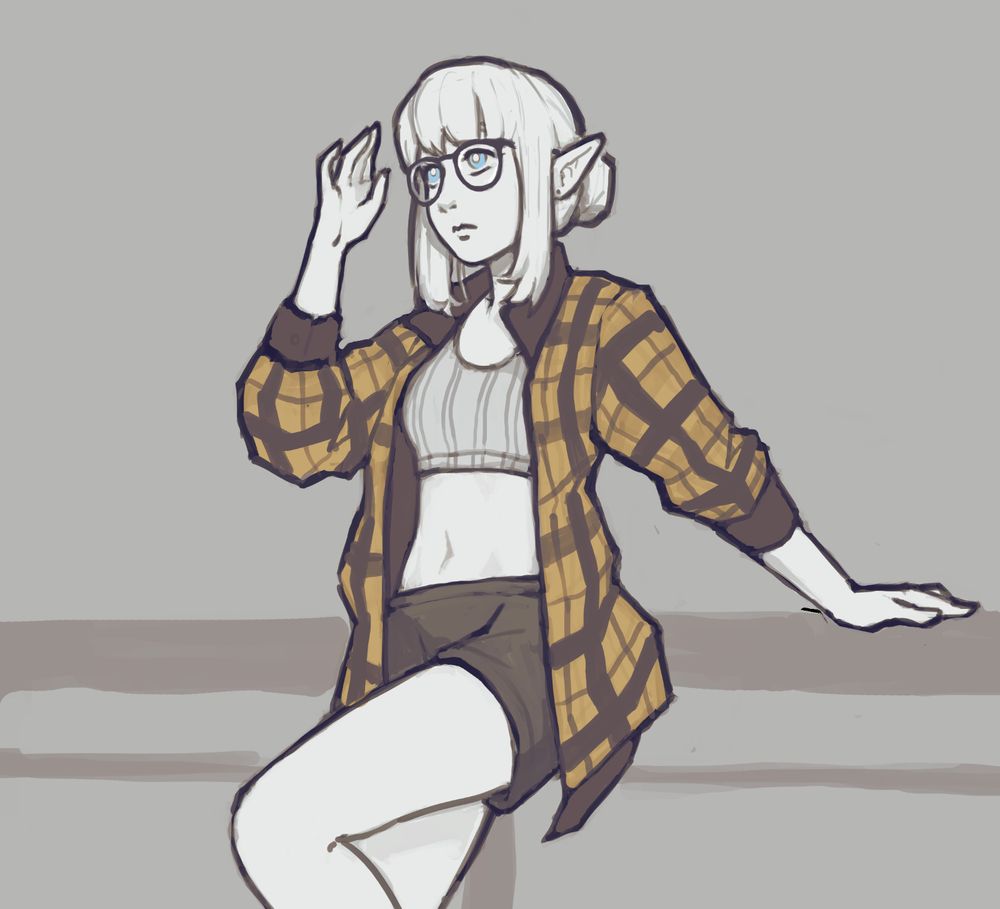 female elf wearing a yellow/brown flannel