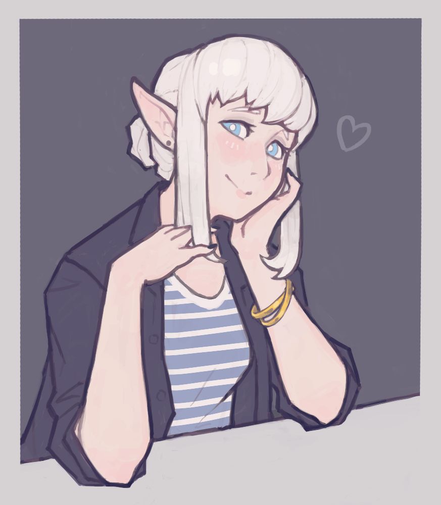 white haired female elf in a blue striped shirt and black jacket looking at the viewer coyly