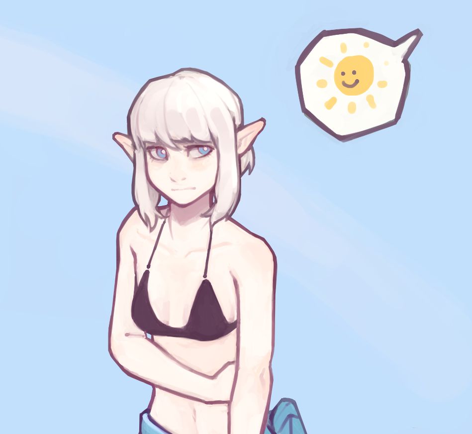 a white haired elf girl being bullied by a smiling cartoon sun :)
