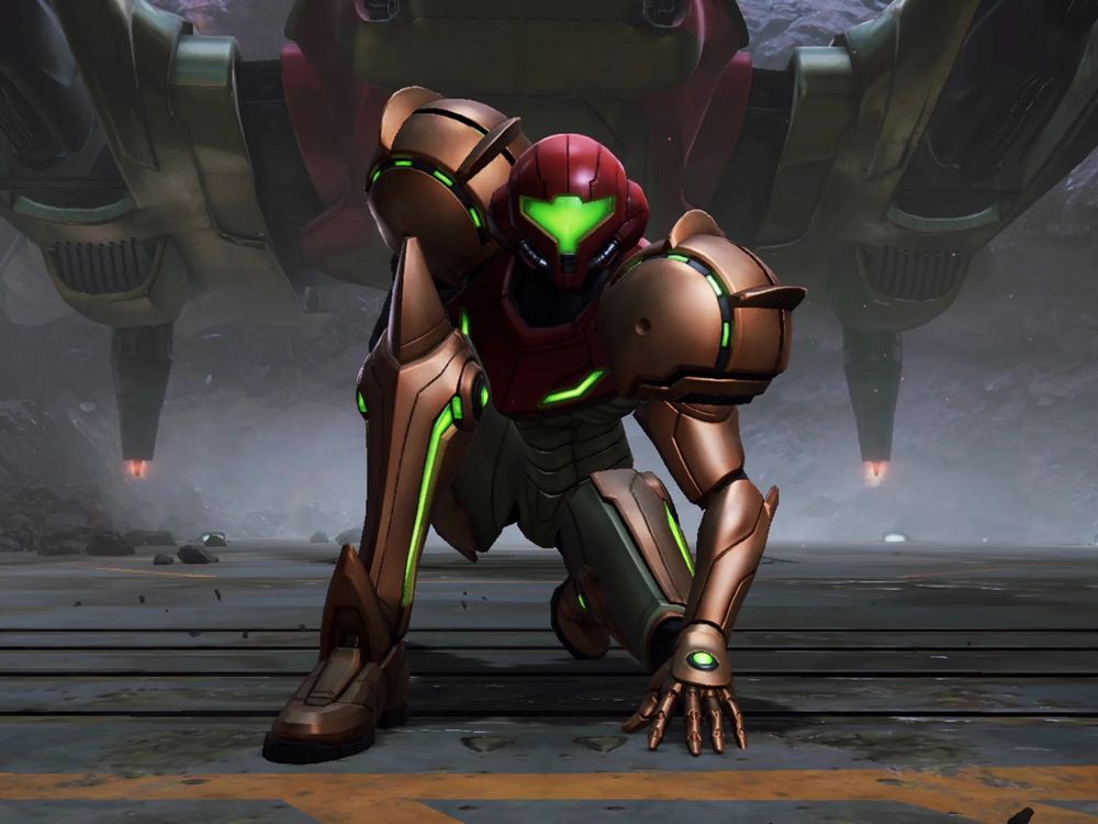 a screenshot from metroid prime 4 of samas aran crouching down 