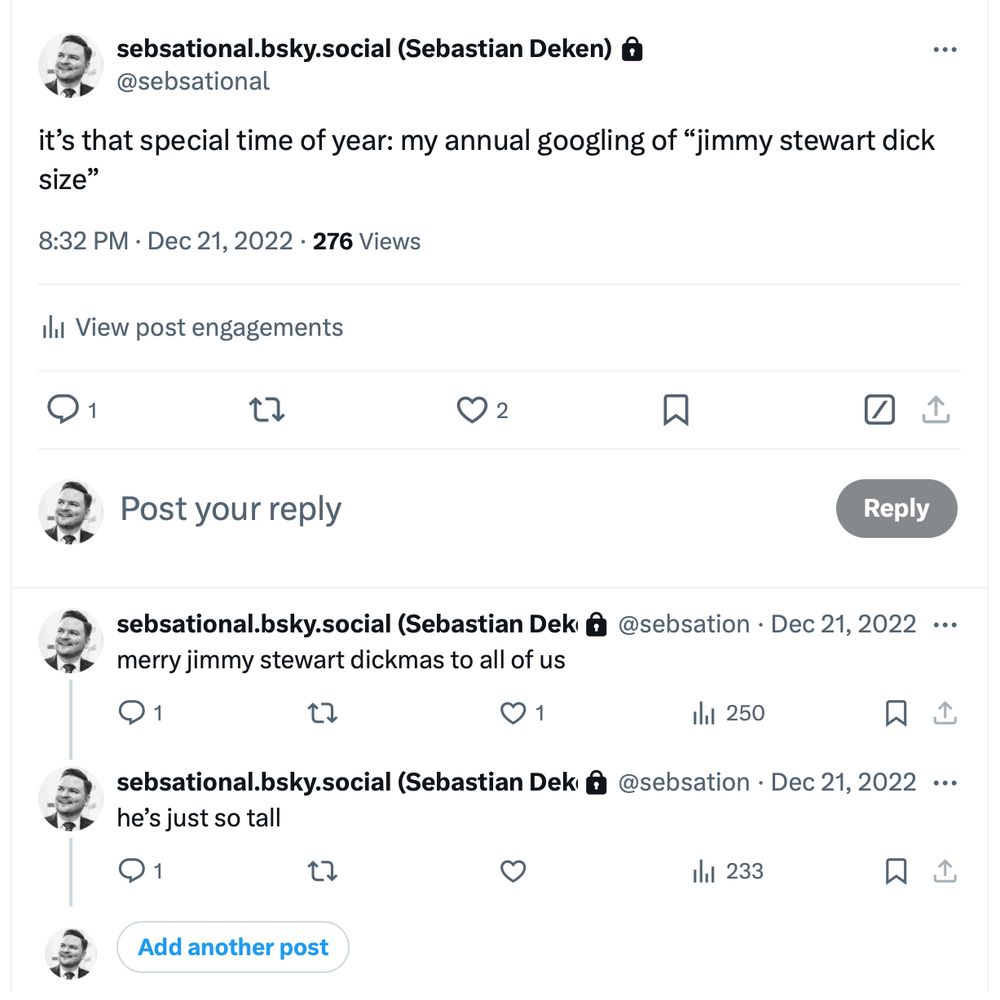 a series of tweets that read: "it's that special time of year: my annual googling of 'jimmy stewart dick size,'" "merry jimmy stewart dickmas to all of us," and "he's just so tall"