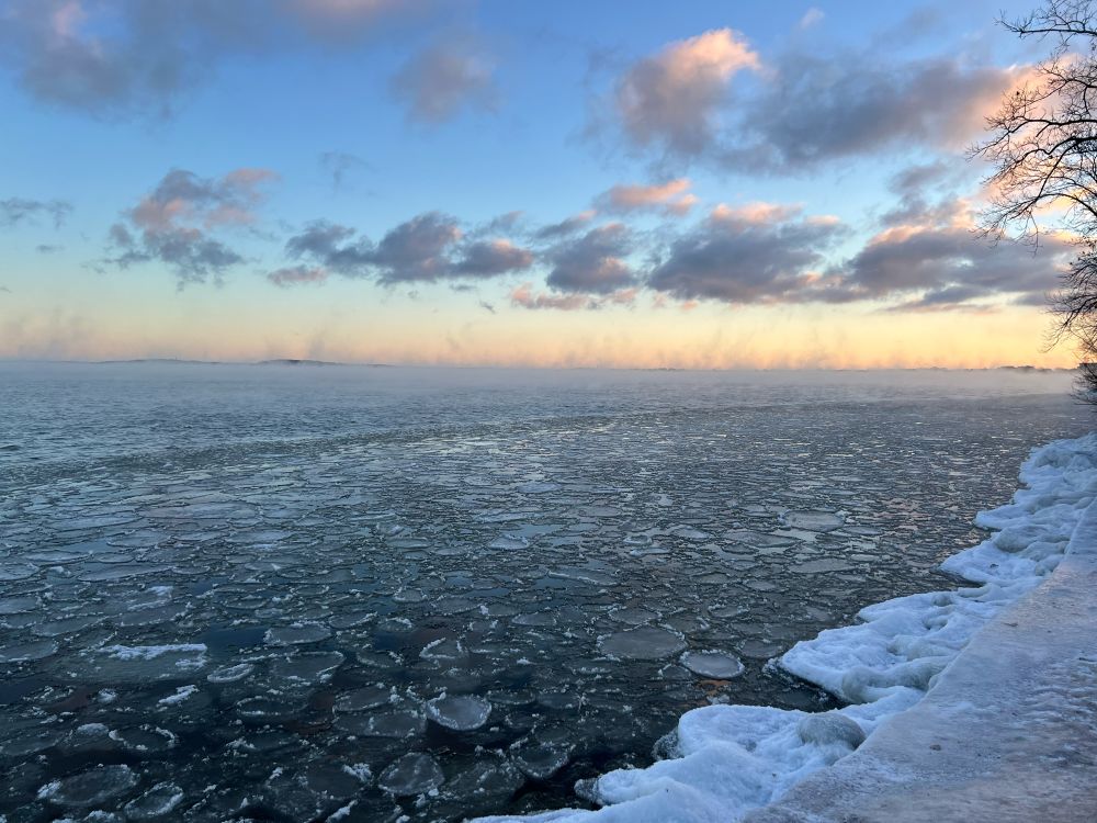 Lake mendota with ice on the shore