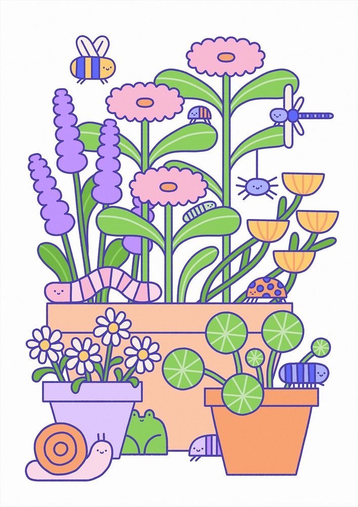 Little illustration of different plants and flowers in cute pots surrounded by all kinds of insects and creatures helping to create a cute and healthy garden. There are little bees, worms, snails, centipedes, rolypoly and an adorable ladybug. 