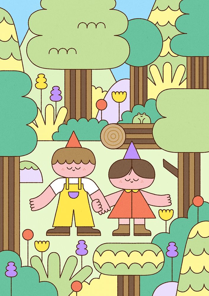 An illustration of two sillies holding hands in a colourful, stylized forest. One wears yellow overalls and a red party hat, the other an orange dress and a purple party hat. The background features trees, bushes, flowers, and a small frog on a log. The style is minimal and whimsical
