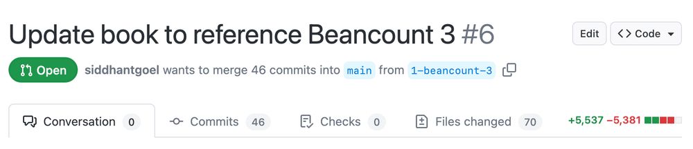 Screenshot of a Github PR with the title "Update book to reference Beancount 3", showing 46 commits, 70 files changes, 5537 additions, and 5381 deletions