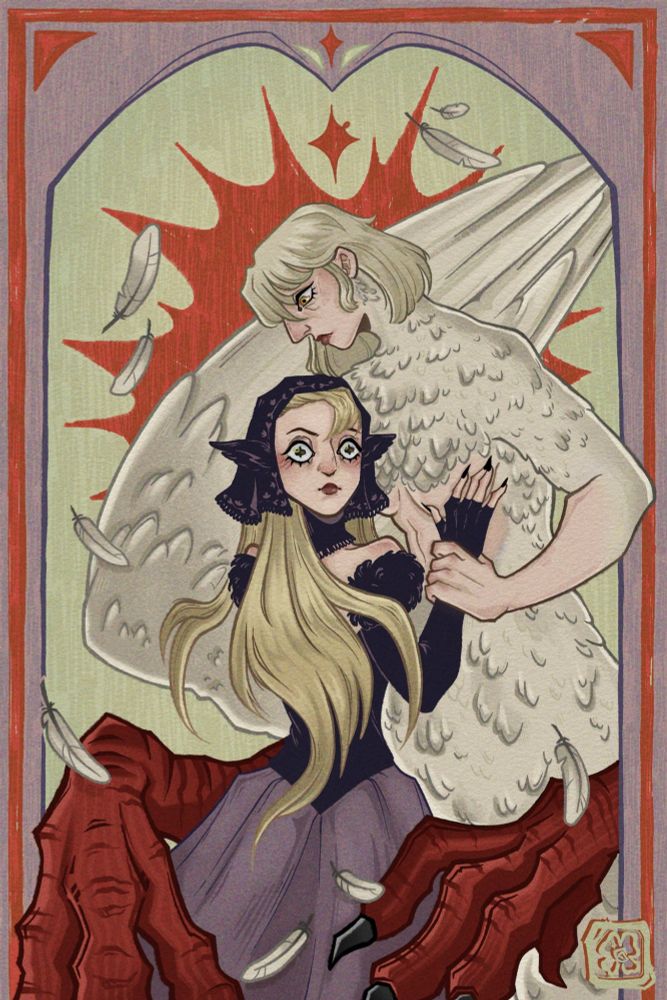 Dark mage Marcille and chimera Falin holding onto each other.