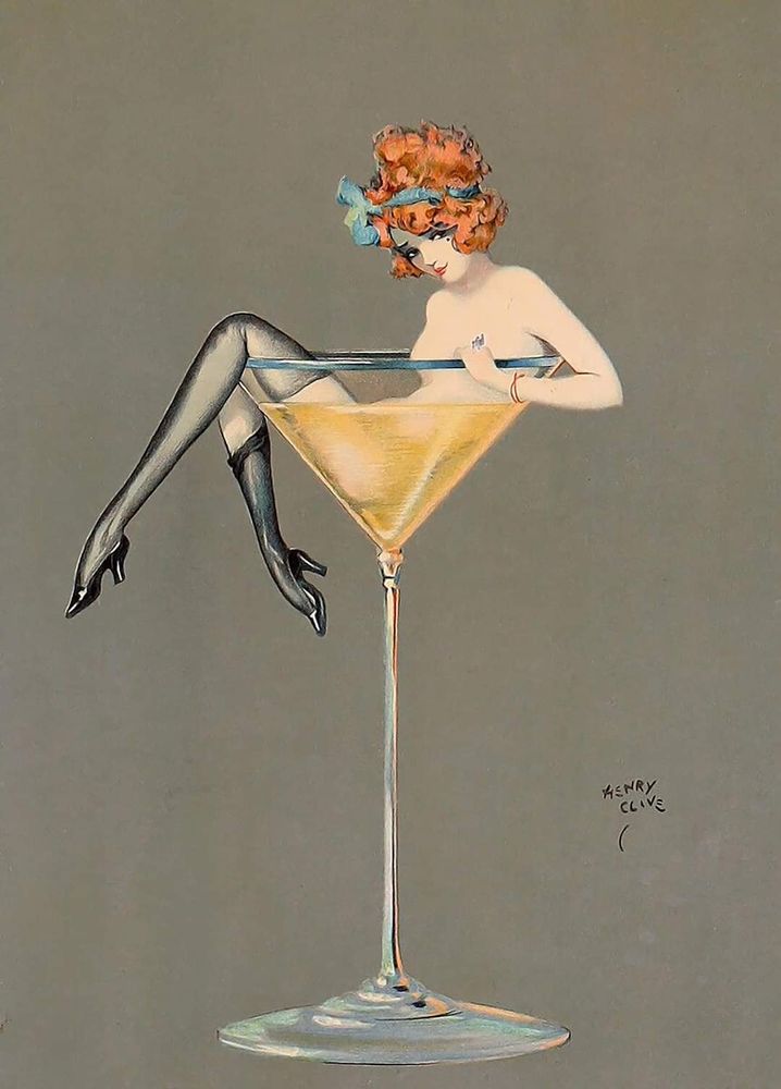 An illustration of a 1920's flapper, nude save for her hair bow, slik stockings, and high-heeled shoes. She's lounging in a tall martini glass filled with the intoxicating liquid. 