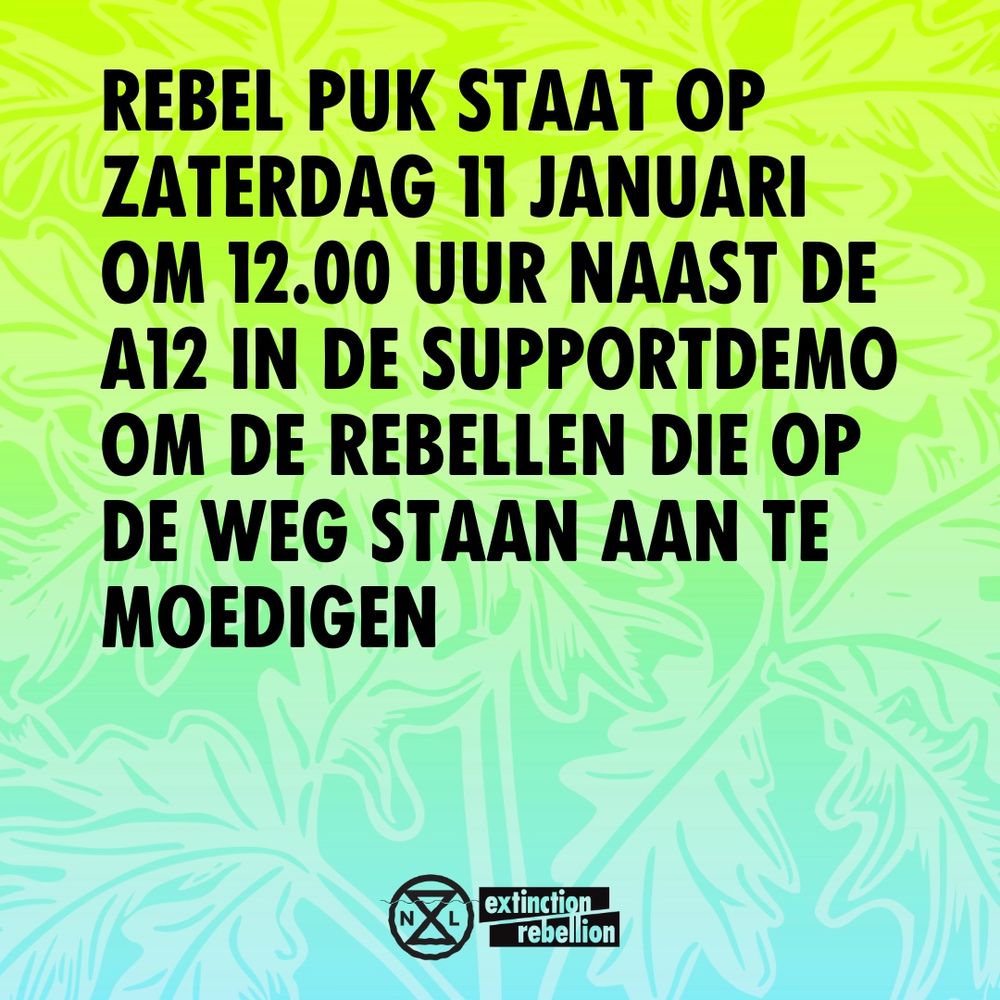 Overwegend fel groen beeld met onderaan het XR logo en daarboven de tekst; ’Rebel Puk staat op zaterdag 11 januari om 12.00 uur naast de A12 in de supportdemo om de rebellen die op de weg staan aan te moedigen‘.
