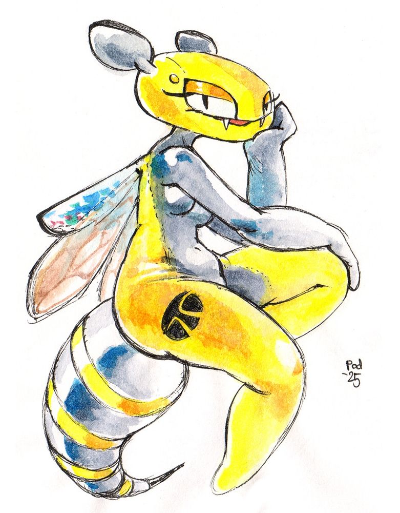 A lady put together from a wasp and a Tata Nano car. Sitting around all coy. Felt pen and watercolor on paper.