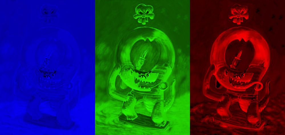 The blue, green, and red color channels of a painting of a snake pirate.