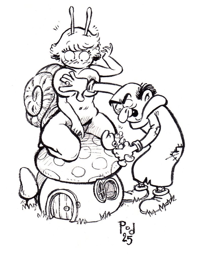 Gargamel pushes aside a big breasted lady with a snail shell om her back disinterestedly, in order to capture a smurf from the mushroom house the lady is sitting on.