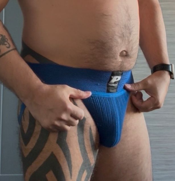 Close up pic of my crotch while wearing only a blue Priape jockstrap